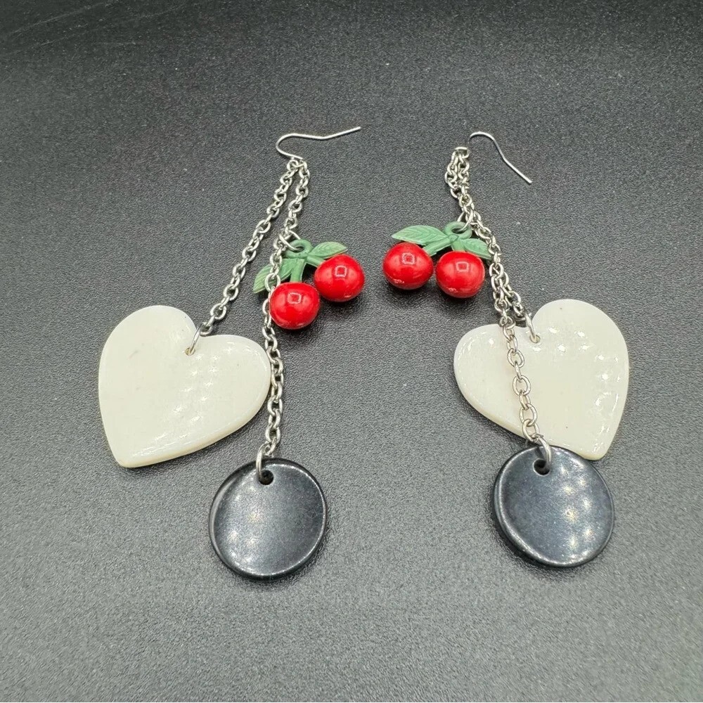Red Cherry Heart Dangly Earrings 90s Style - Picture 8 of 11